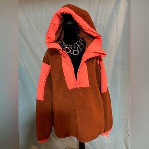 Free people Brown & Neon coral combo Hooded Pullover size Large New with Tags